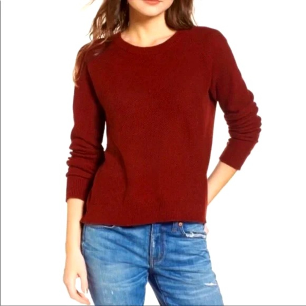Madewell Sweater Womens Medium Burgundy Tulip Back Split Hem Waffle‎ Knit Raglan